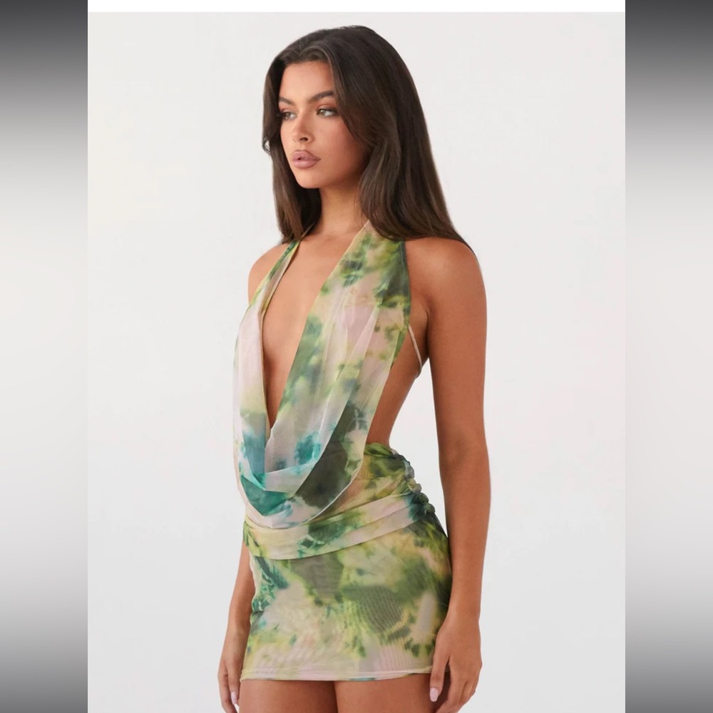 Boutique draped mesh open tie back mini dress green colors S unique summer